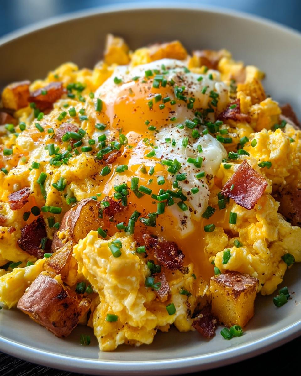 A bowl of fluffy scrambled eggs topped with two poached eggs, crispy bacon, roasted potatoes, and fresh chives.