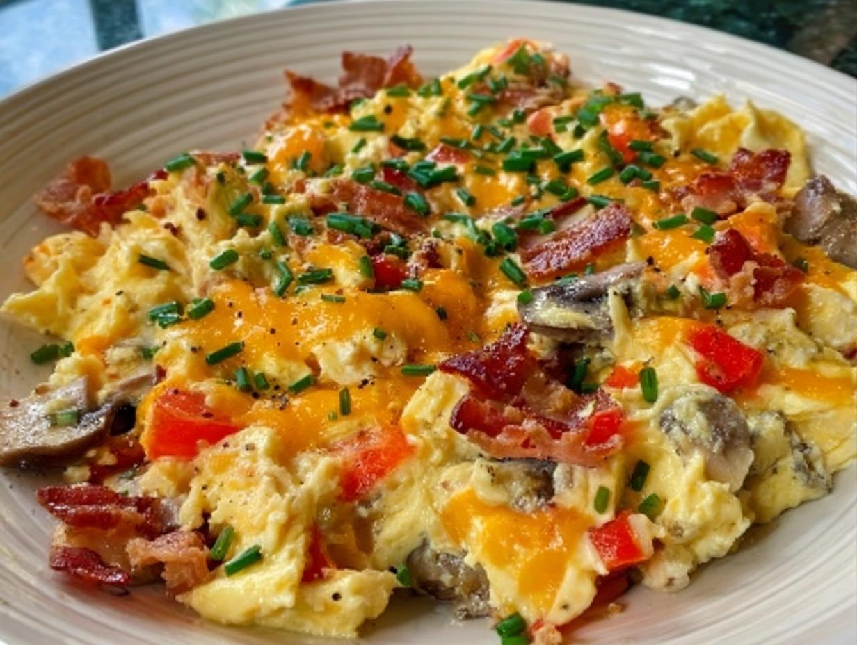 Scrambled eggs loaded with melted cheddar cheese, bacon, mushrooms, and chives, perfect for Breakfast Ideas Recipes Meal Prep.