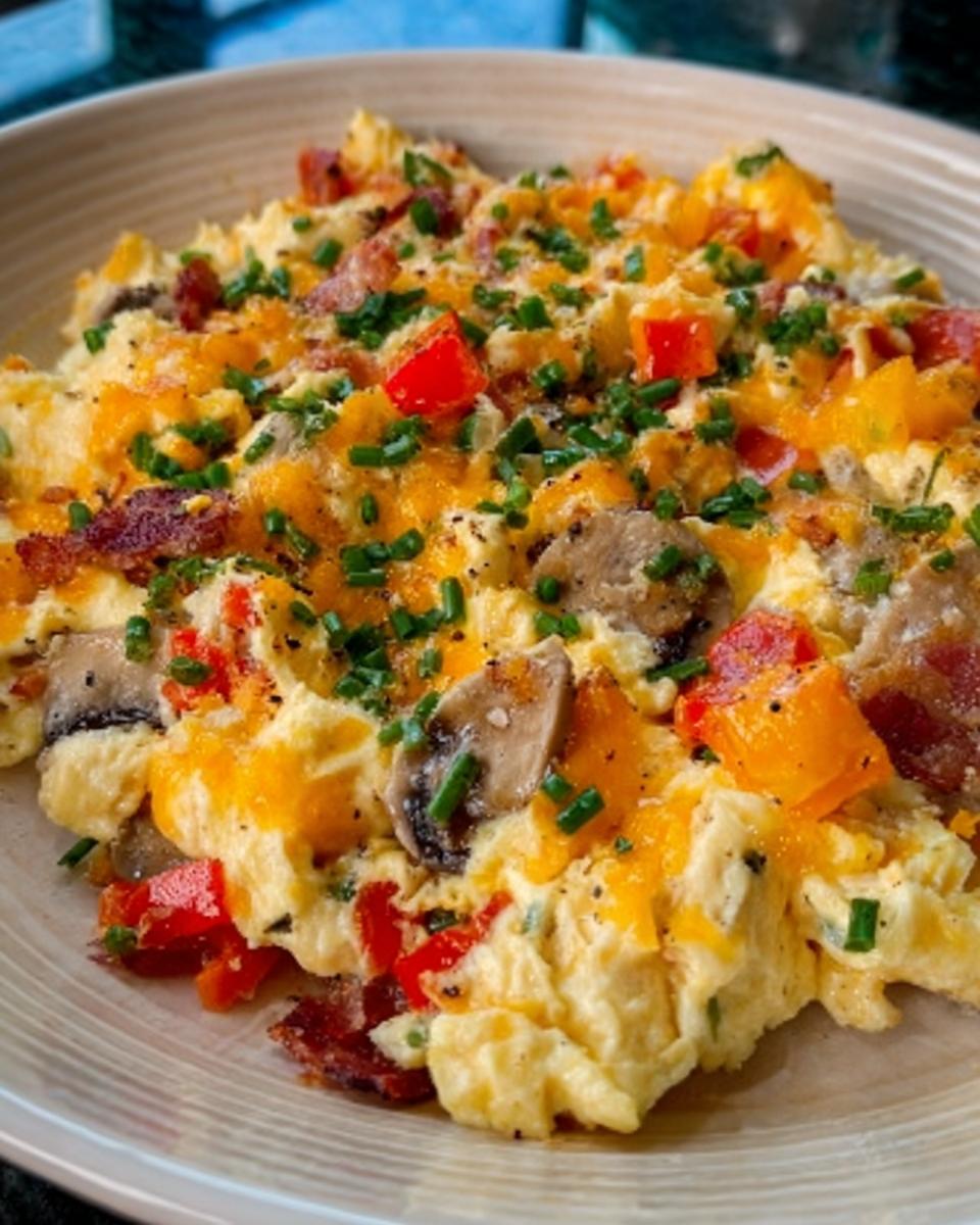 Close-up of fluffy scrambled eggs loaded with bacon, mushrooms, peppers, and melted cheddar cheese, a great Breakfast Ideas Recipes Meal Prep.