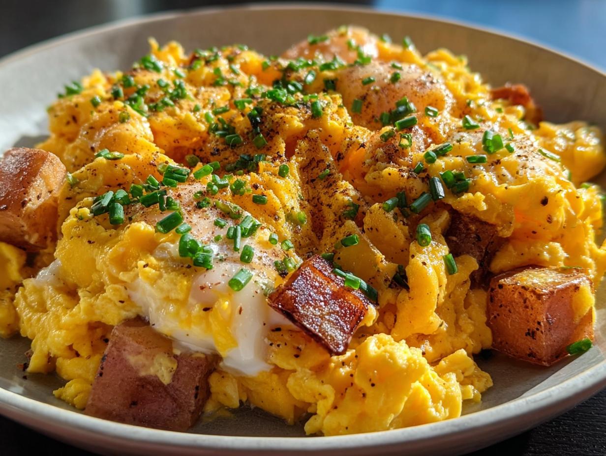 Close-up of creamy scrambled eggs mixed with crispy potatoes and topped with fresh chives, a perfect example of The Only Breakfast Ideas Recipes Recipe.