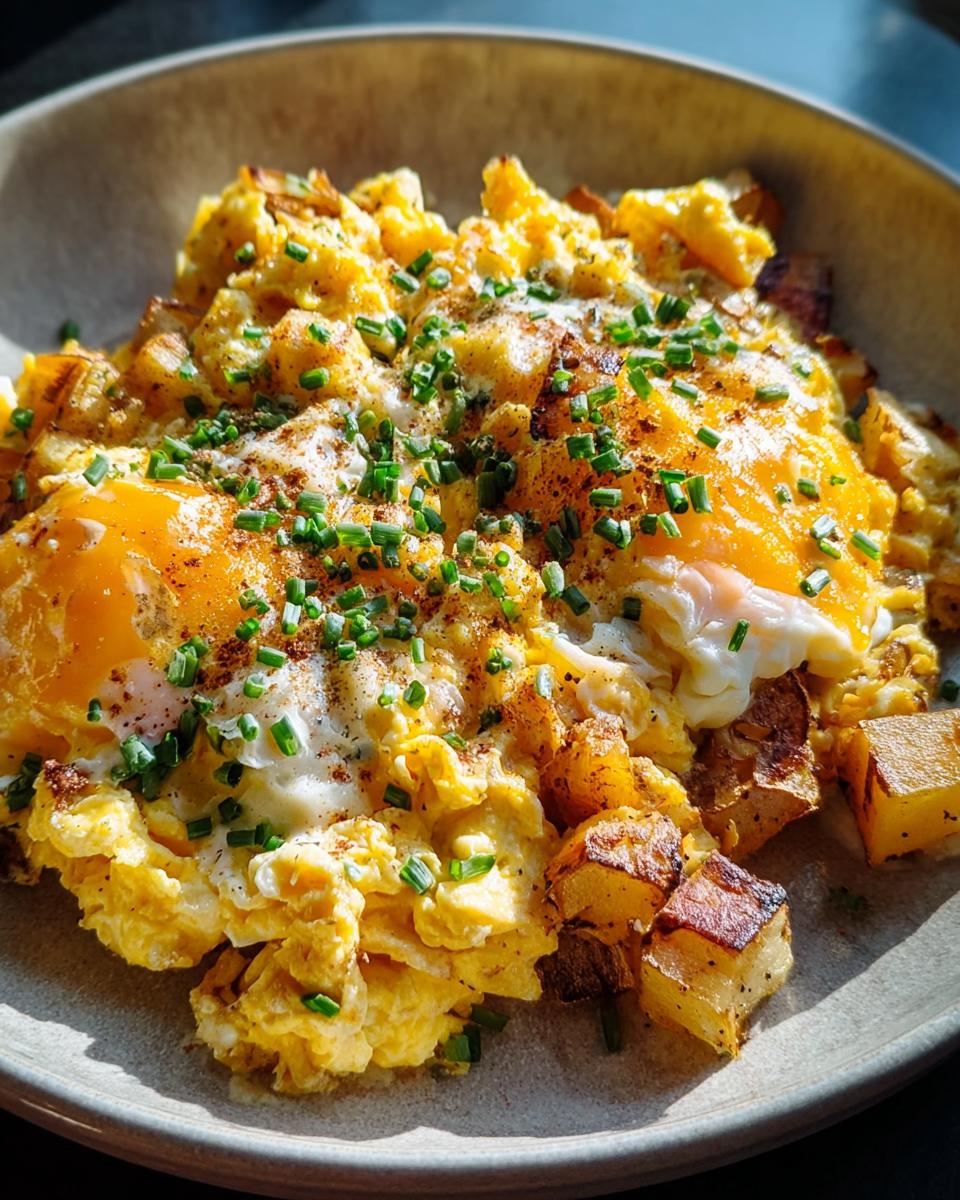 A plate of scrambled eggs mixed with crispy home fries, topped with runny yolks and fresh chives, perfect for breakfast ideas recipes.