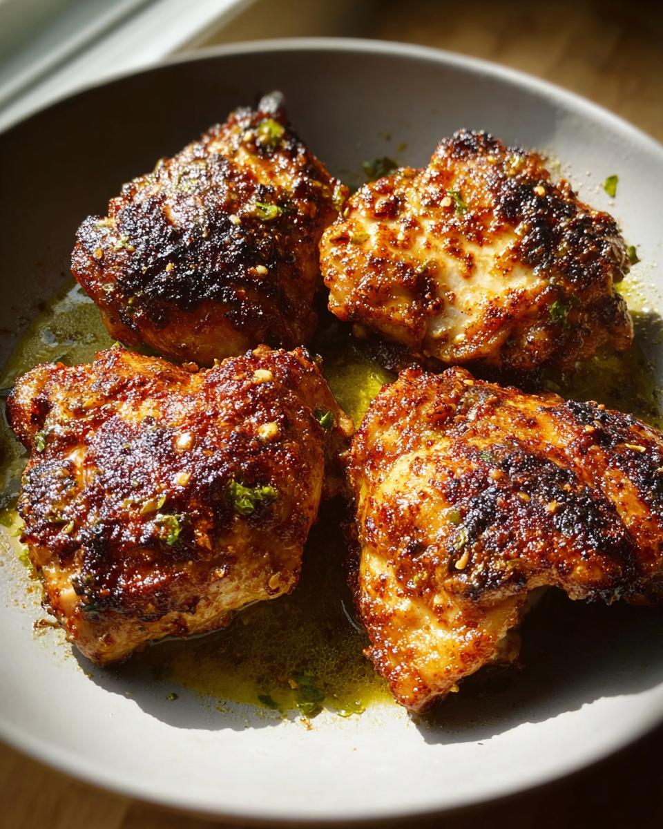 Four beautifully seared, seasoned chicken thighs resting in a pool of flavorful oil/sauce.