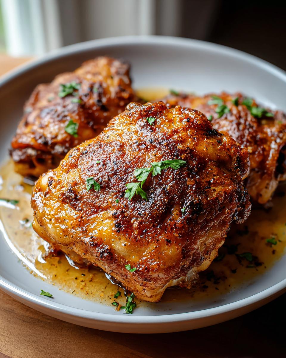 Three beautifully browned chicken thigh recipes sitting in a pool of savory pan juices, garnished with fresh parsley.