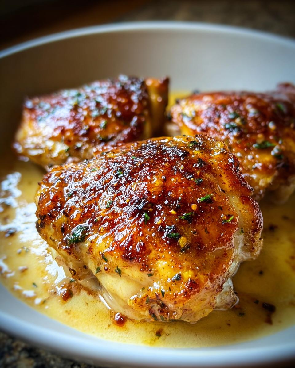 Close-up of three perfectly seared chicken thighs with crispy skin in a rich, buttery sauce.