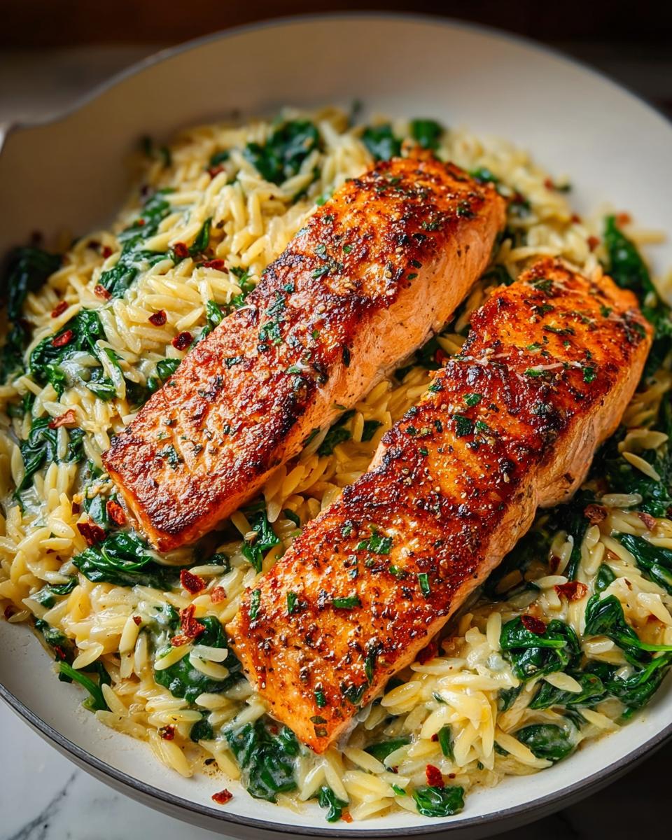 Two perfectly seared salmon fillets resting on a bed of creamy lemon orzo mixed with wilted spinach.