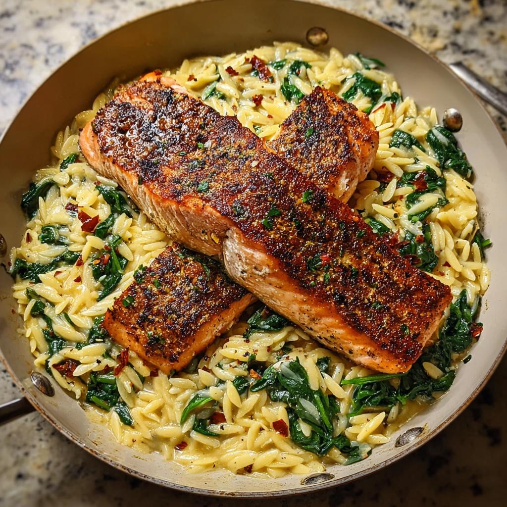Three pieces of perfectly seared salmon resting on a bed of creamy lemon orzo mixed with spinach.