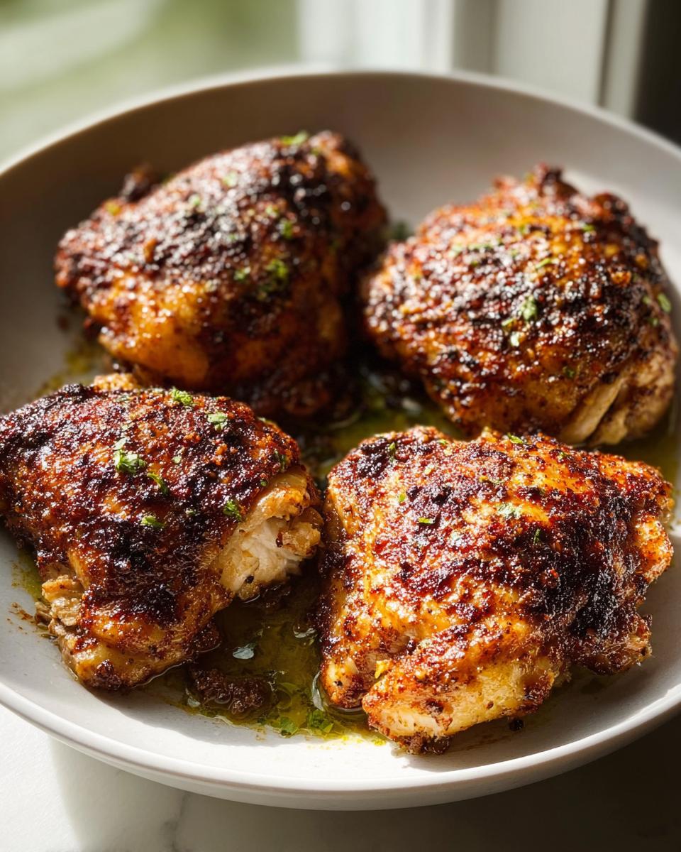 Four beautifully seasoned and browned chicken thighs resting in a light sauce in a shallow bowl.
