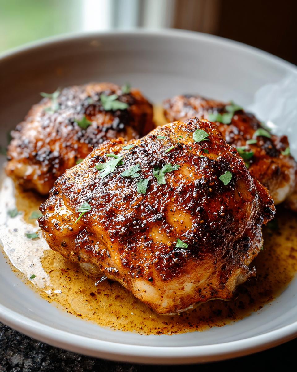 Close-up of three perfectly cooked, seasoned chicken thighs resting in a pool of savory pan sauce, garnished with parsley.