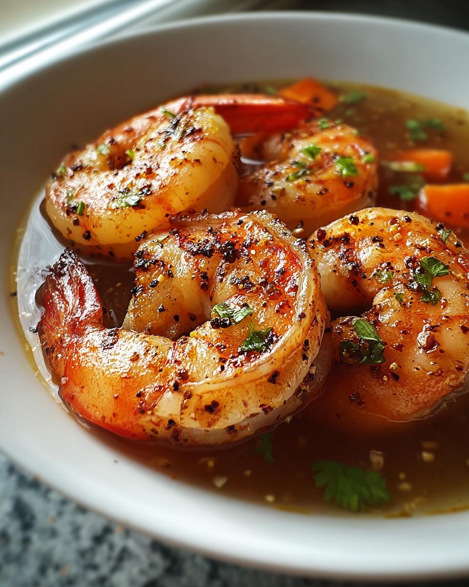 Close-up of plump, seasoned shrimp served in a savory broth with diced carrots, part of The Only Shrimp Recipes Recipe You’ll Need.