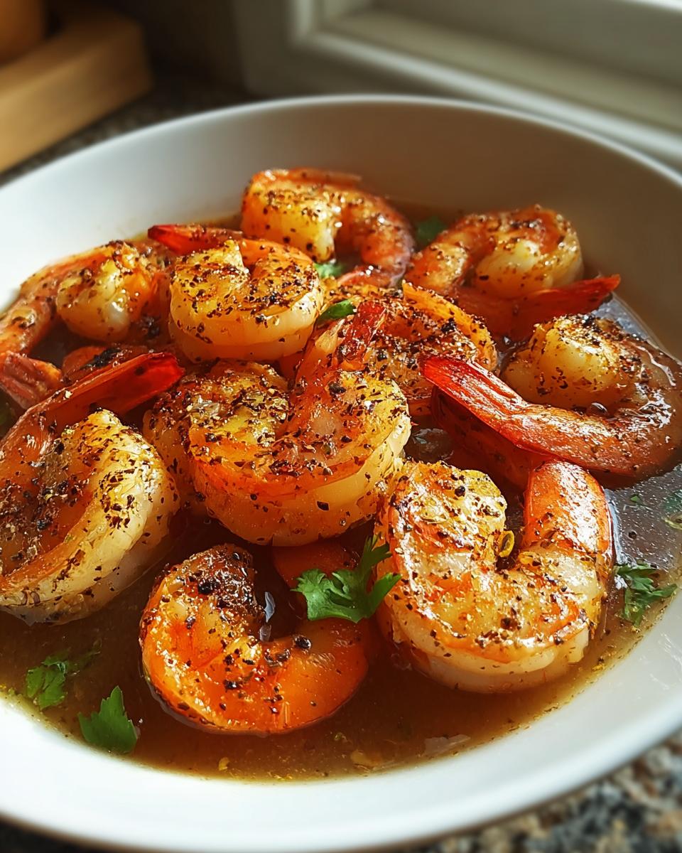 Close-up of perfectly cooked, seasoned shrimp swimming in a savory sauce, featured in The Only Shrimp Recipes Recipe You’ll Need.