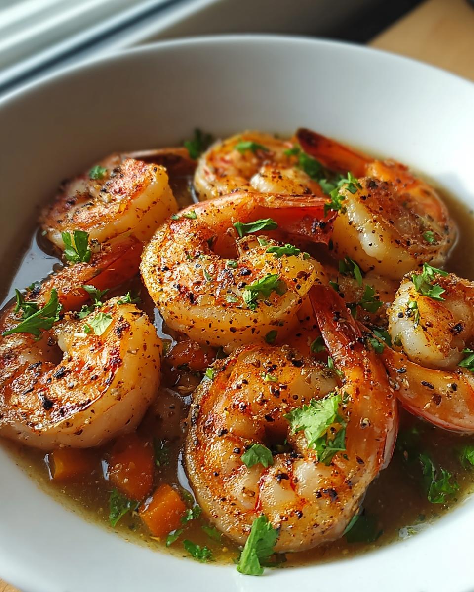Close-up of perfectly seasoned and cooked shrimp served in a savory sauce with chopped herbs, part of The Only Shrimp Recipes Recipe.