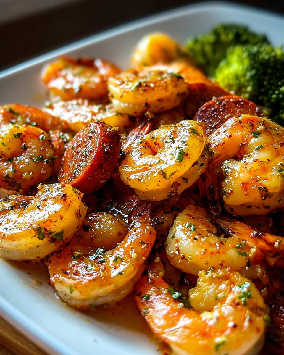 Close-up of seasoned shrimp and sausage slices, perfect for Shrimp Recipes Meal Prep.