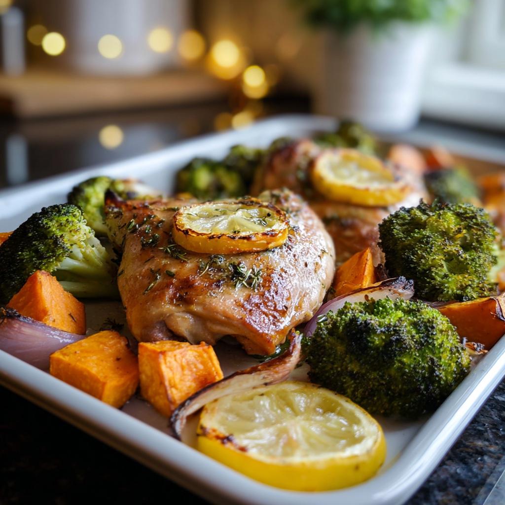 Close-up of baked chicken thighs with roasted broccoli, sweet potatoes, and lemon slices, perfect for Quick Healthy Meals for Weight Balance.