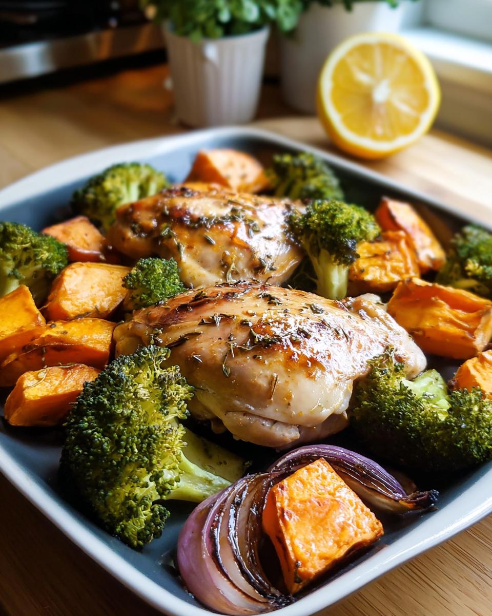 Sheet pan of roasted chicken thighs with broccoli, sweet potatoes, and red onion, perfect for Quick Healthy Meals for Weight Balance.