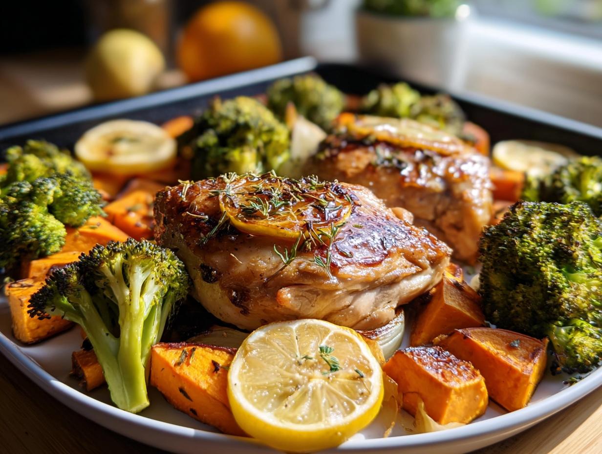Sheet pan chicken with roasted broccoli and sweet potatoes, a perfect example of Quick Healthy Meals for Weight Balance.