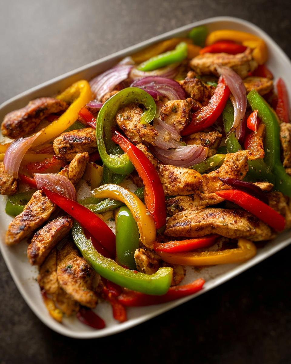 Close-up of seasoned chicken strips mixed with vibrant red, yellow, and green bell peppers and red onions for Sheet Pan Chicken Fajitas.