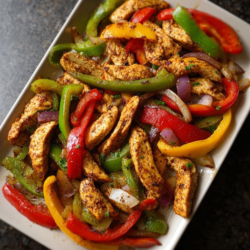 Close-up of seasoned chicken strips mixed with colorful bell peppers and onions for Sheet Pan Chicken Fajitas.