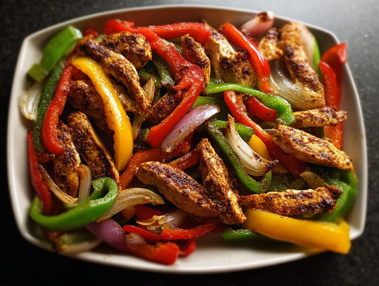Close-up of seasoned chicken strips mixed with colorful bell peppers and onions from Sheet Pan Chicken Fajitas with Peppers.