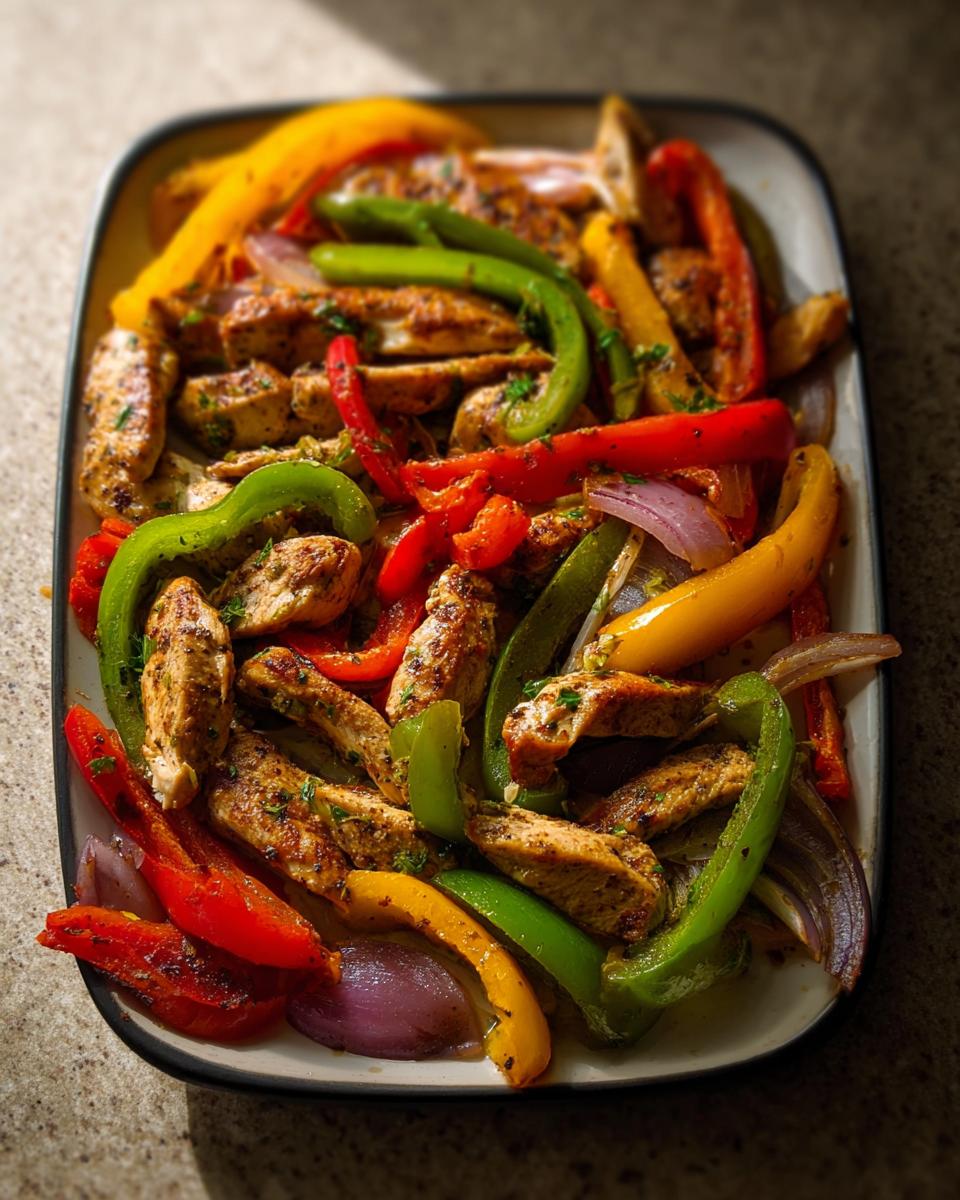 Colorful Sheet Pan Chicken Fajitas with Peppers and onions, seasoned and served on a rectangular platter.