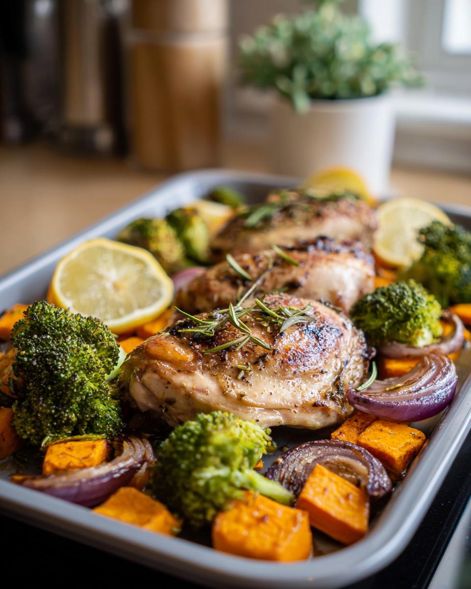 Roasted chicken thighs with broccoli, sweet potatoes, and lemon slices, perfect for Quick Healthy Meals for Weight Balance.