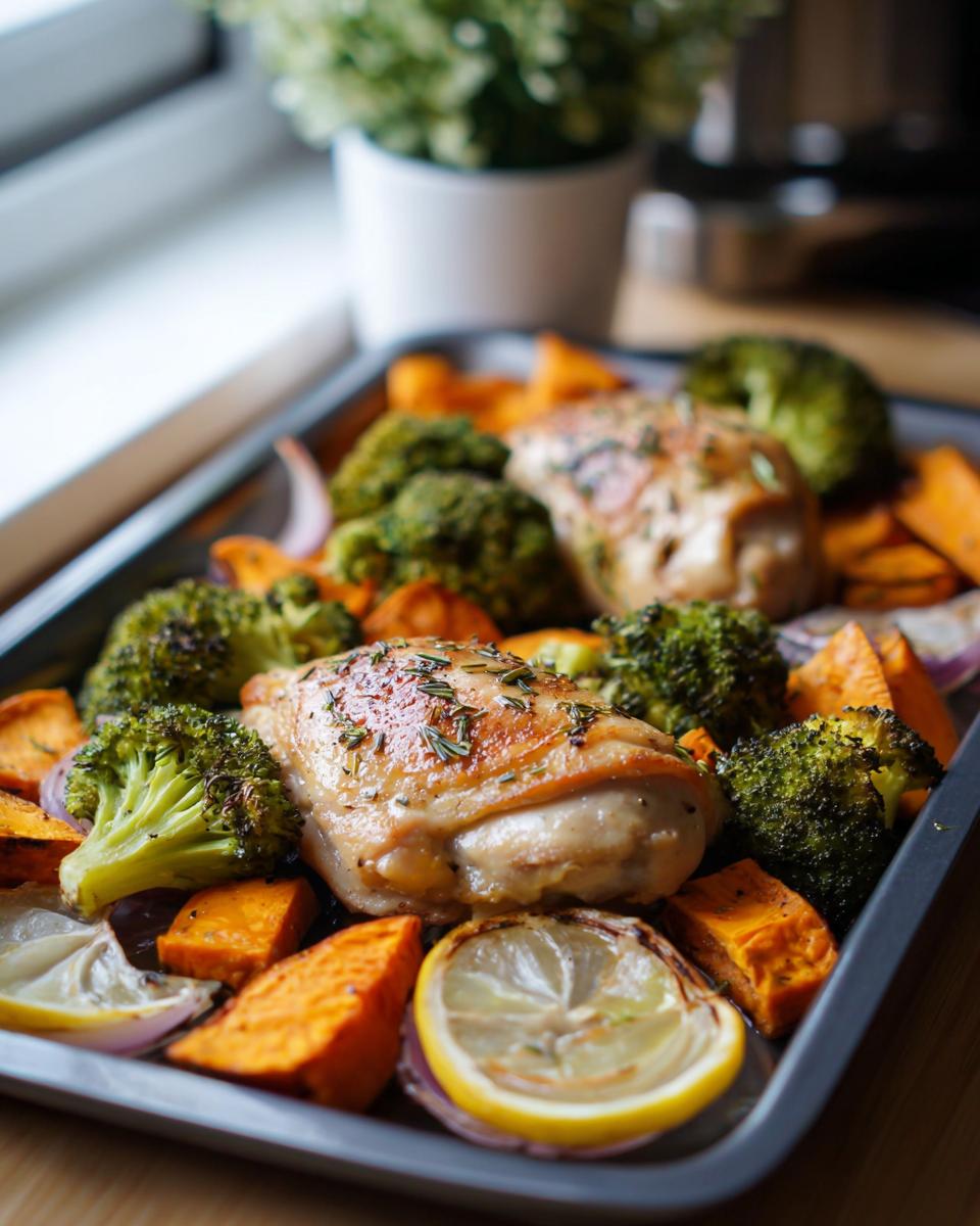 Sheet pan with roasted chicken thighs, sweet potatoes, broccoli, and lemon slices, a perfect example of Quick Healthy Meals for Weight Balance.