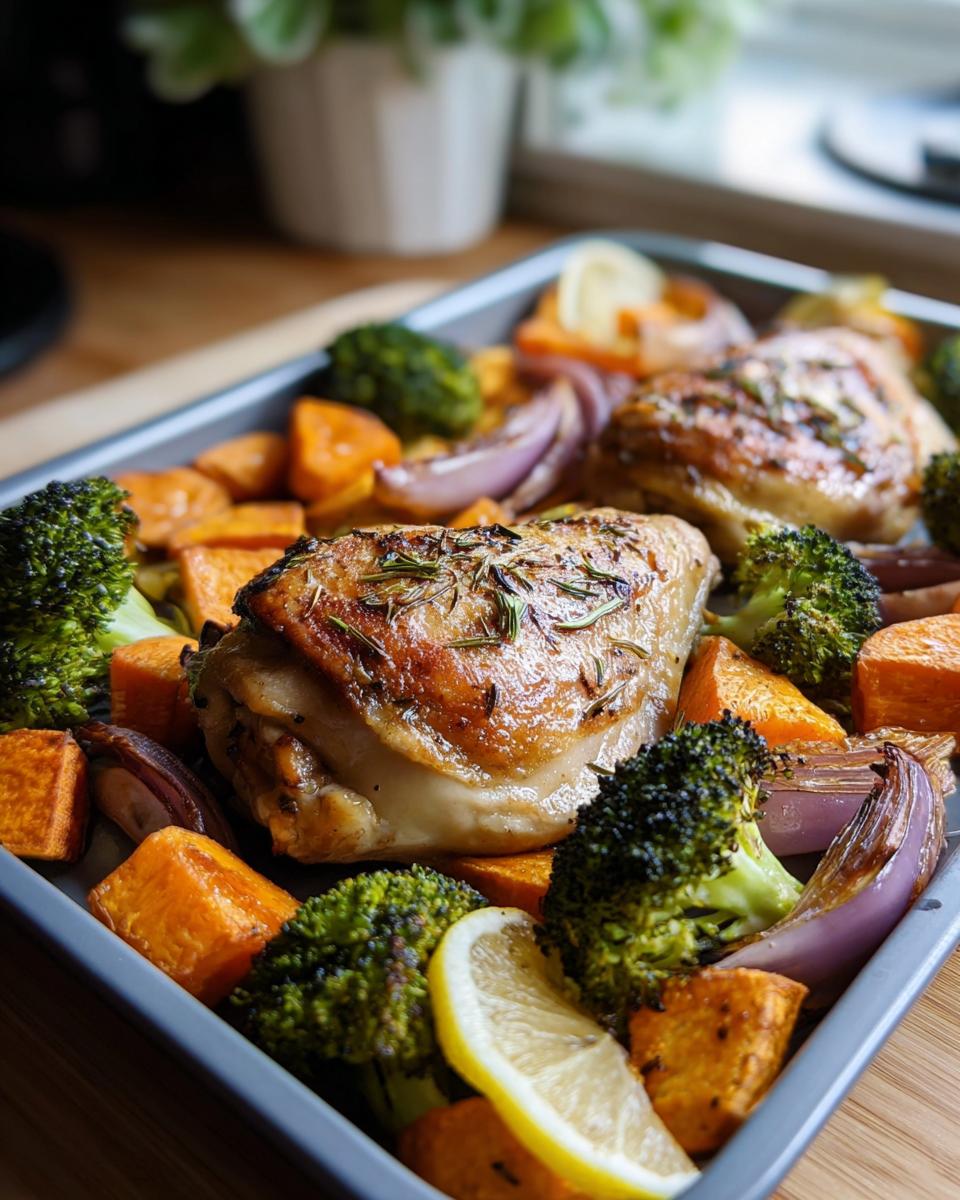 Roasted chicken thighs with broccoli, sweet potatoes, and red onion, a perfect example of Quick Healthy Meals for Weight Balance.