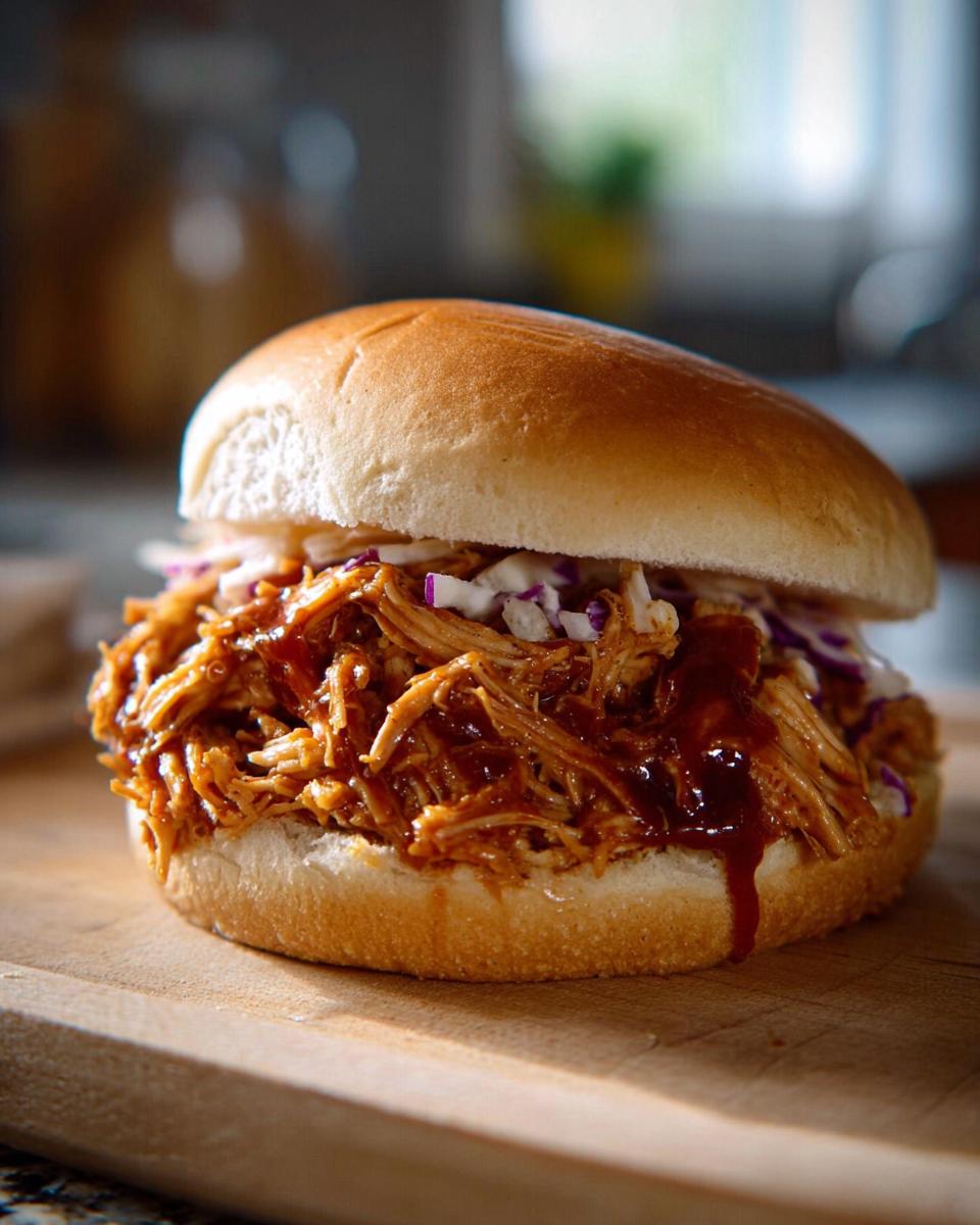 A close-up of a juicy BBQ chicken sandwich filling that shreds perfectly, topped with coleslaw on a soft bun.