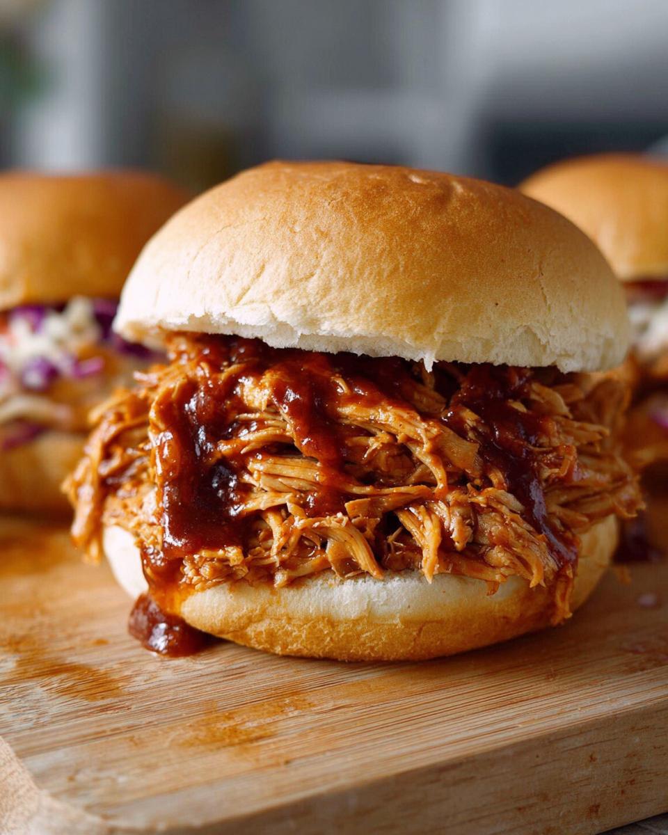 Close-up of a soft bun overflowing with shredded BBQ Chicken Sandwich Filling that shreds perfectly, drizzled with sauce.