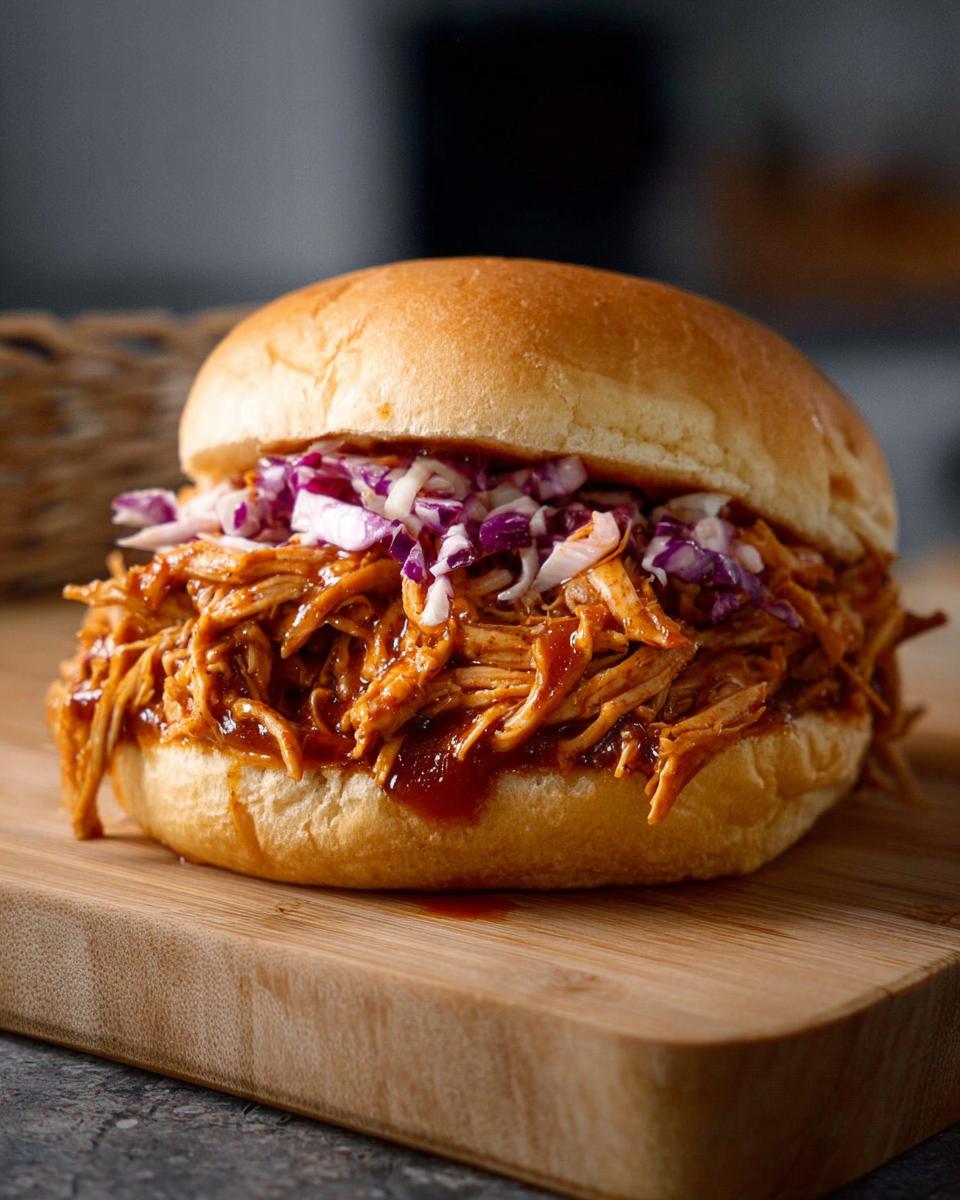 A close-up of a juicy BBQ Chicken Sandwich Filling on a bun topped with purple coleslaw.