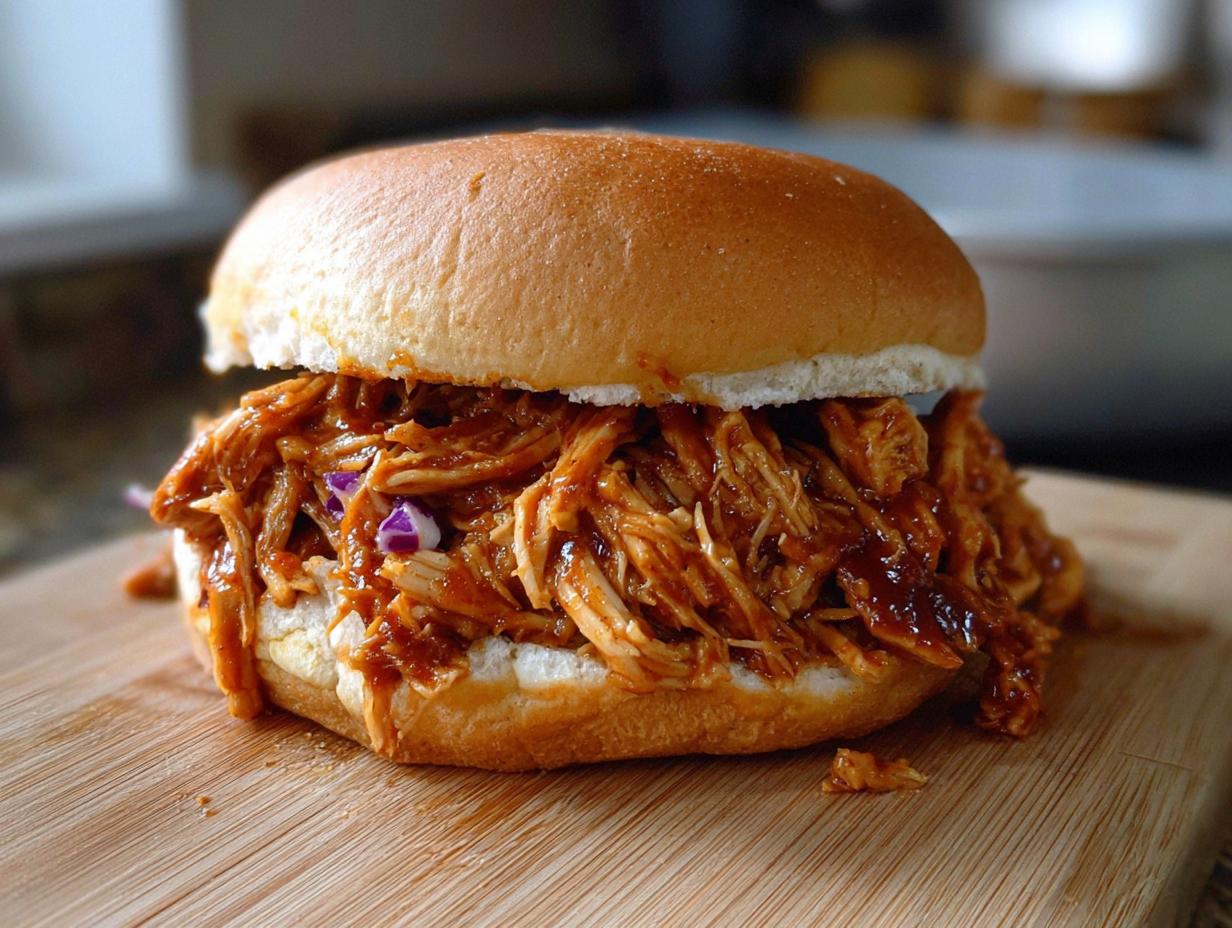 A close-up of a juicy BBQ chicken sandwich with perfectly shredded BBQ Chicken Sandwich Filling That Shreds Perfectly.