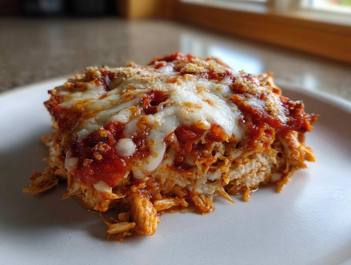 A close-up of a serving of shredded chicken bake topped with melted mozzarella and marinara sauce, part of The Only Chicken Recipes.