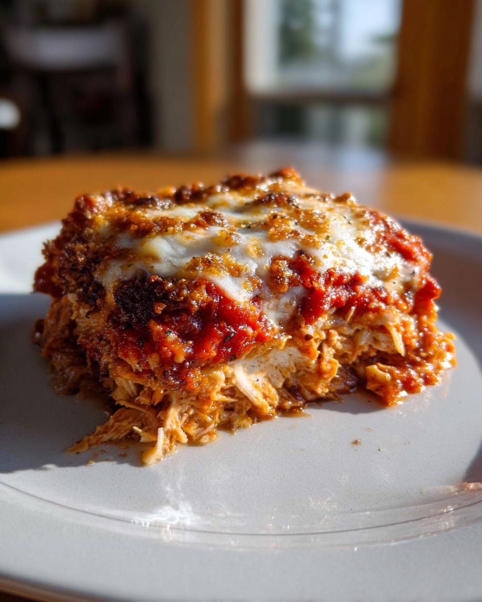 Close-up of a serving of shredded chicken casserole topped with melted cheese and marinara sauce, part of The Only Chicken Recipes.