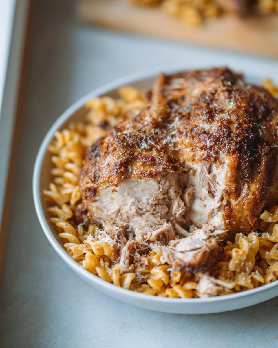 Close-up of shredded, seasoned chicken served over rotini pasta, a great Budget-Friendly Healthy Meal Prep Recipe.