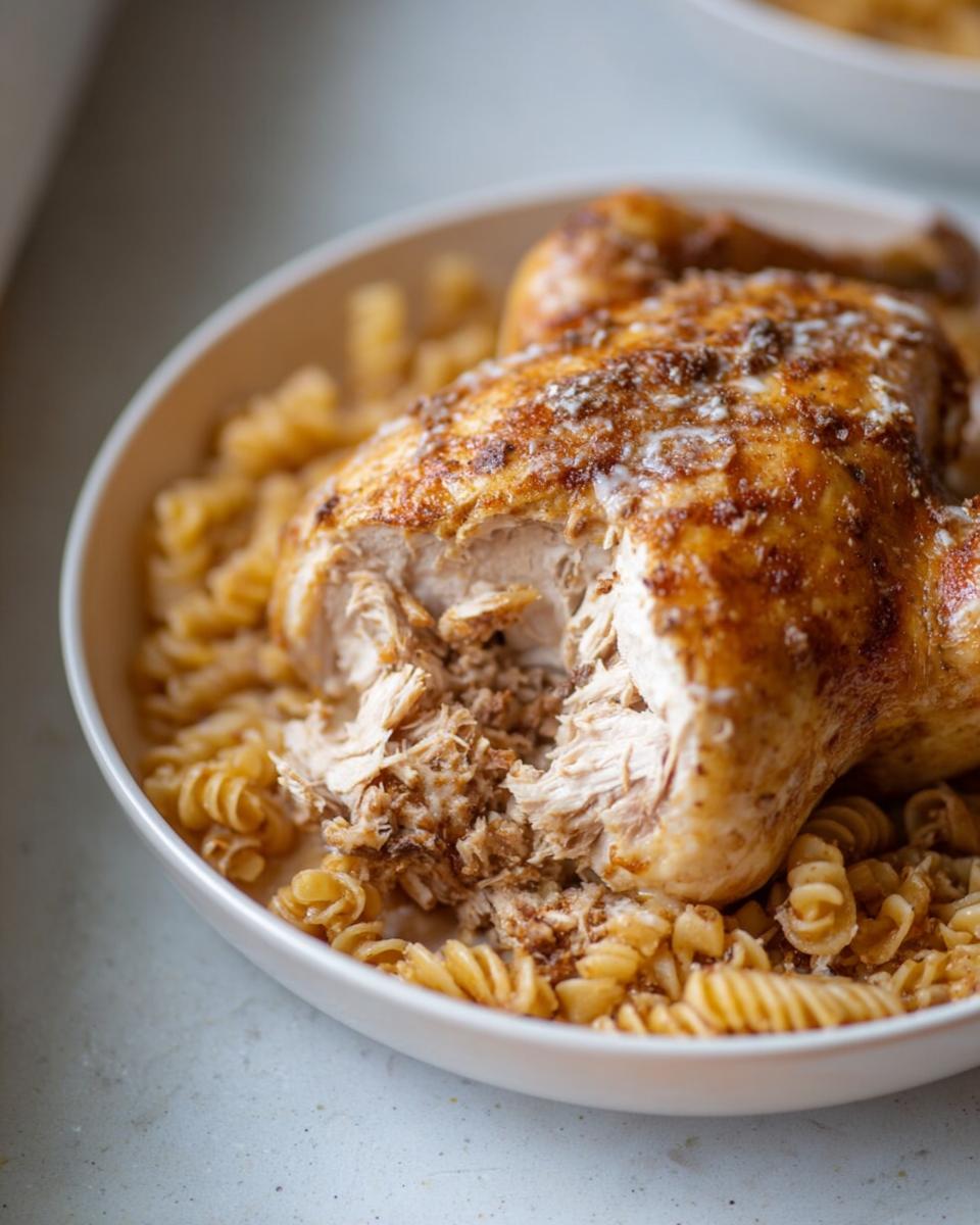 A portion of shredded chicken served over spiral pasta, illustrating one of the Budget-Friendly Healthy Meal Prep Recipes.