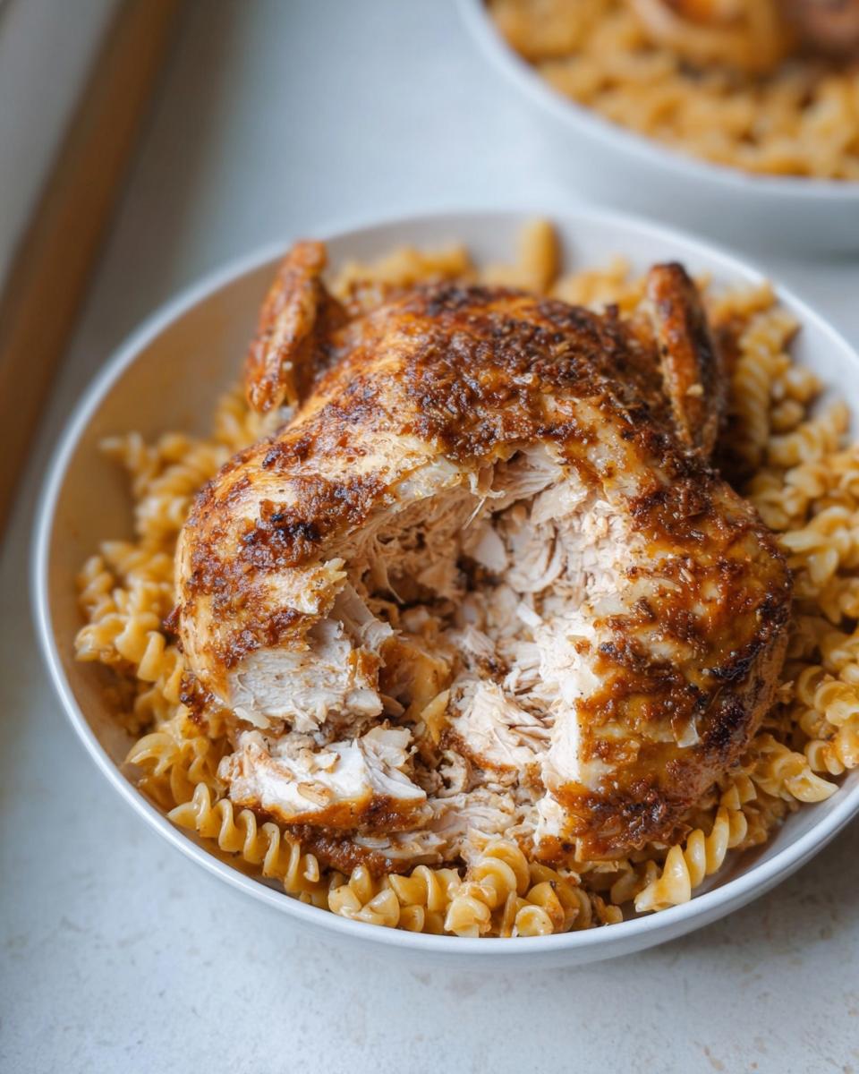 A whole roasted chicken breast, seasoned and partially shredded, served over a bed of rotini pasta, part of Budget-Friendly Healthy Meal Prep Recipes.