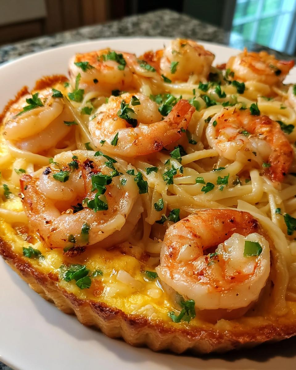Close-up of a savory tart filled with pasta, topped generously with seasoned shrimp and fresh parsley.