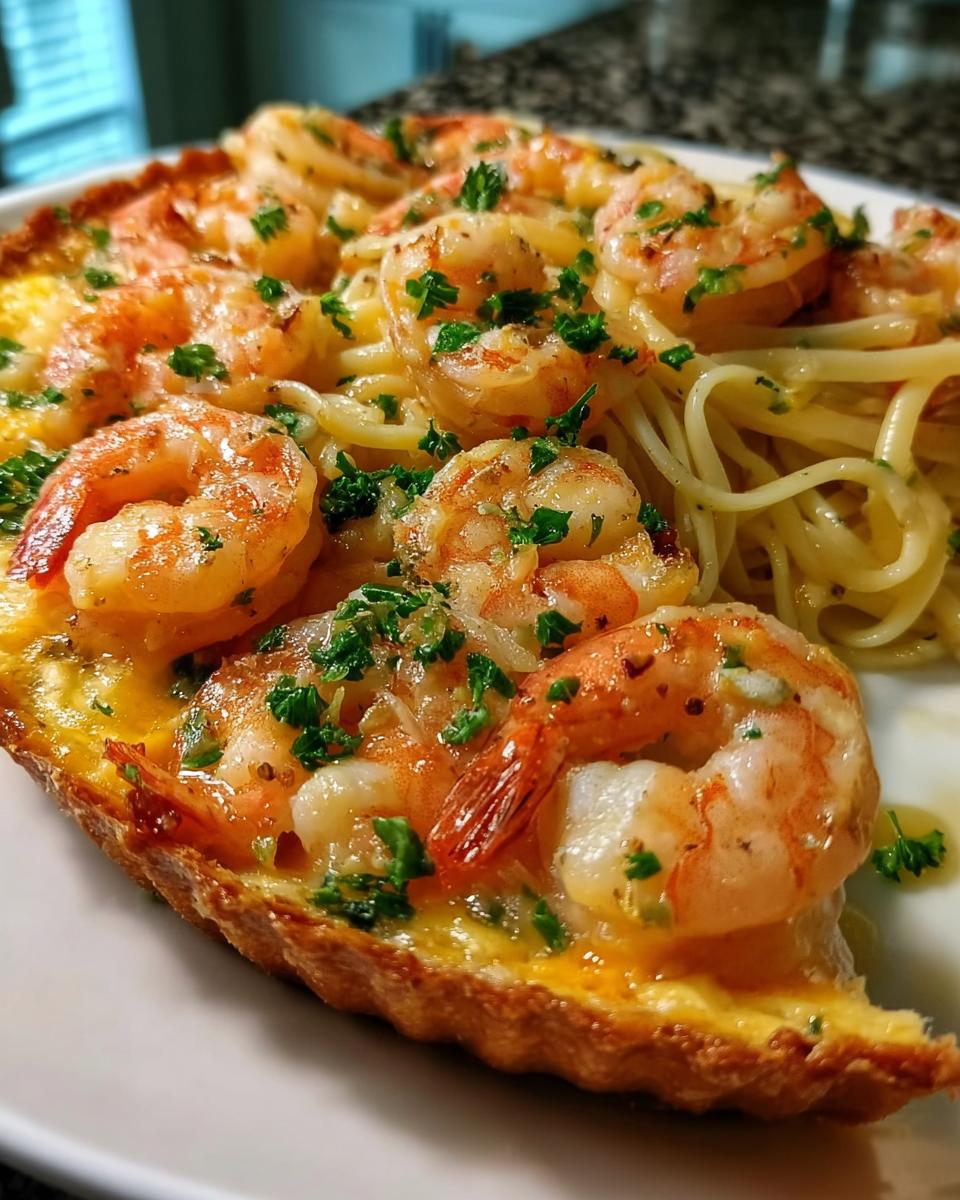 Close-up of a serving of shrimp recipes over pasta, nestled in a golden tart shell and topped with parsley.