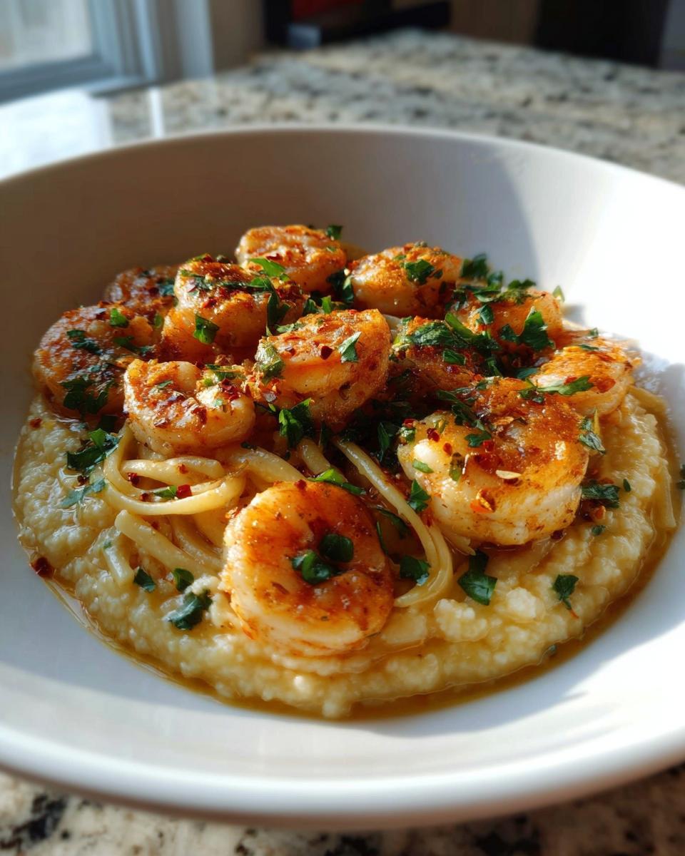A bowl of creamy grits topped with seasoned shrimp, parsley, and chili flakes, perfect for shrimp recipes.