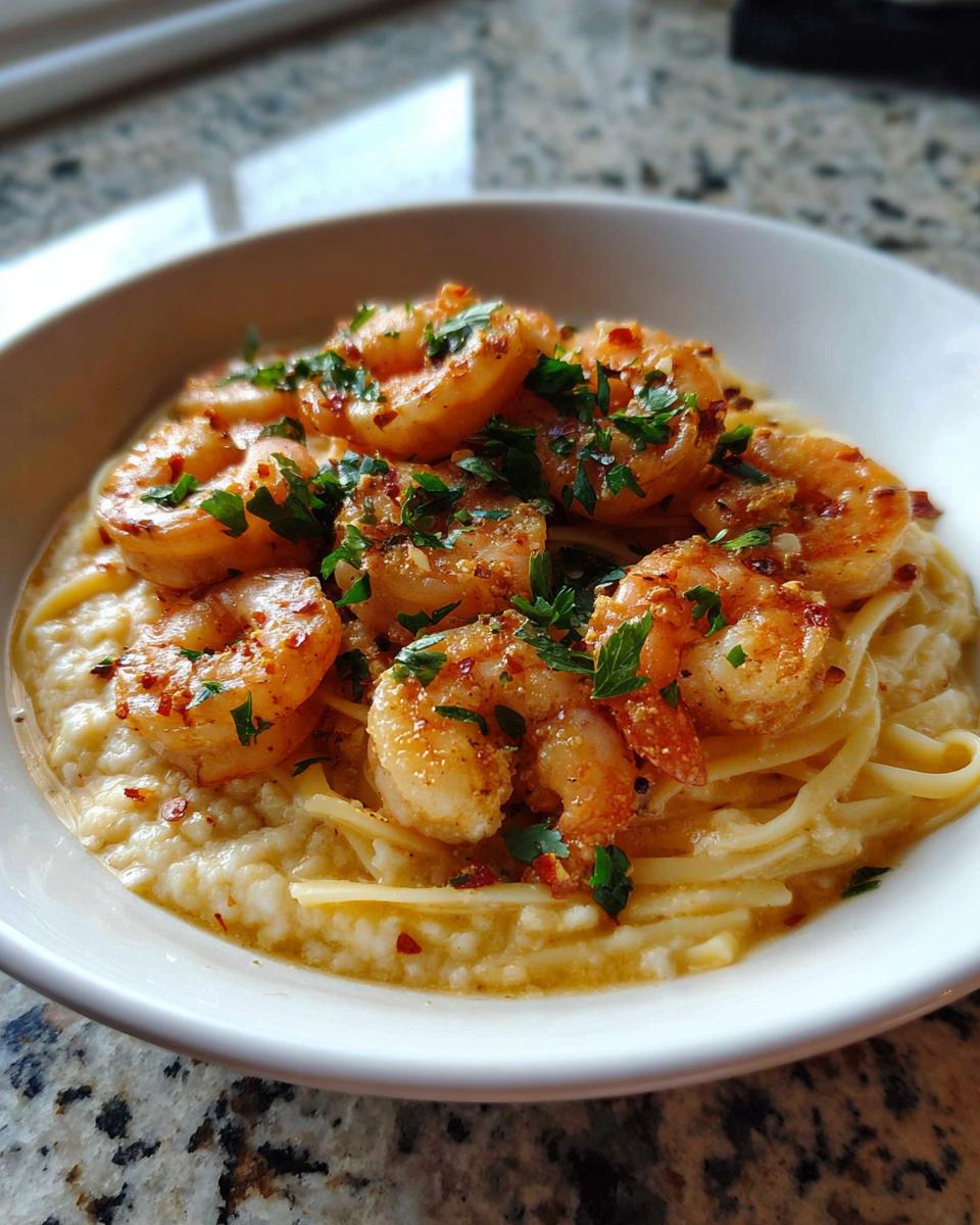 A close-up of seasoned shrimp served over creamy grits and pasta, perfect for shrimp recipes.