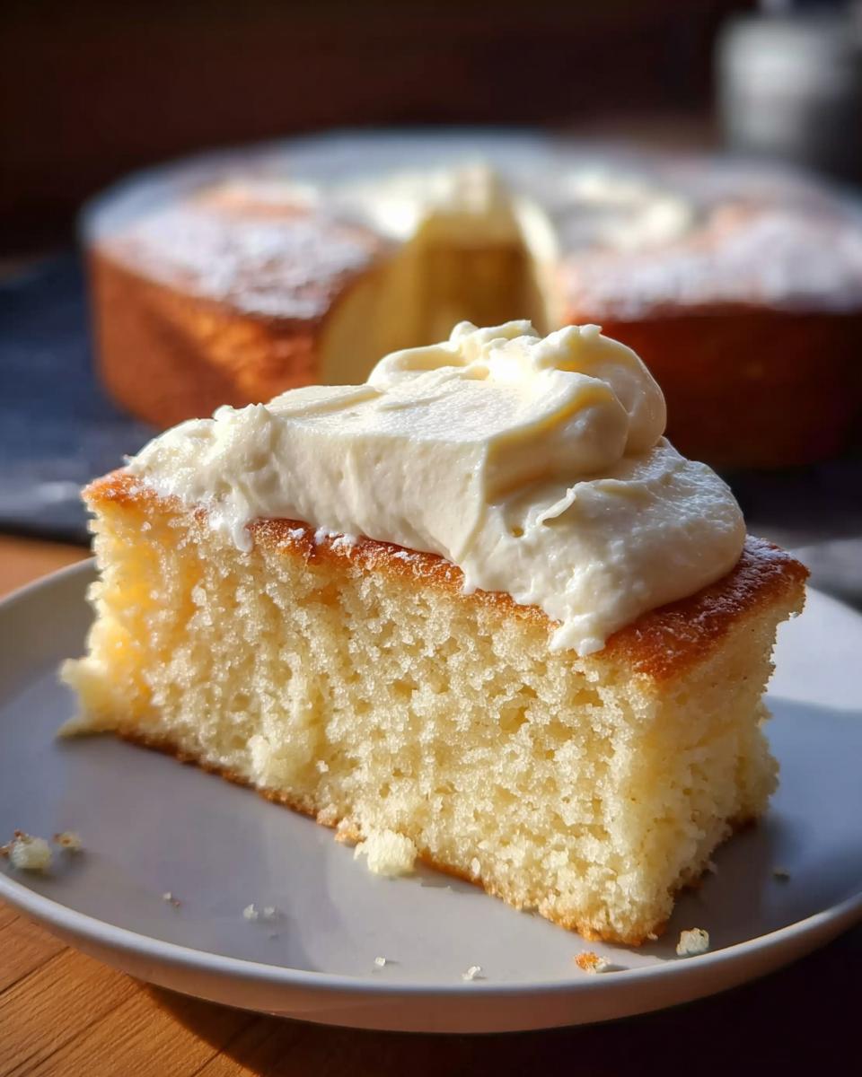 A slice of light yellow cake topped with a generous dollop of white cream frosting, fitting for 15 Genius Cake Ideas Recipes.