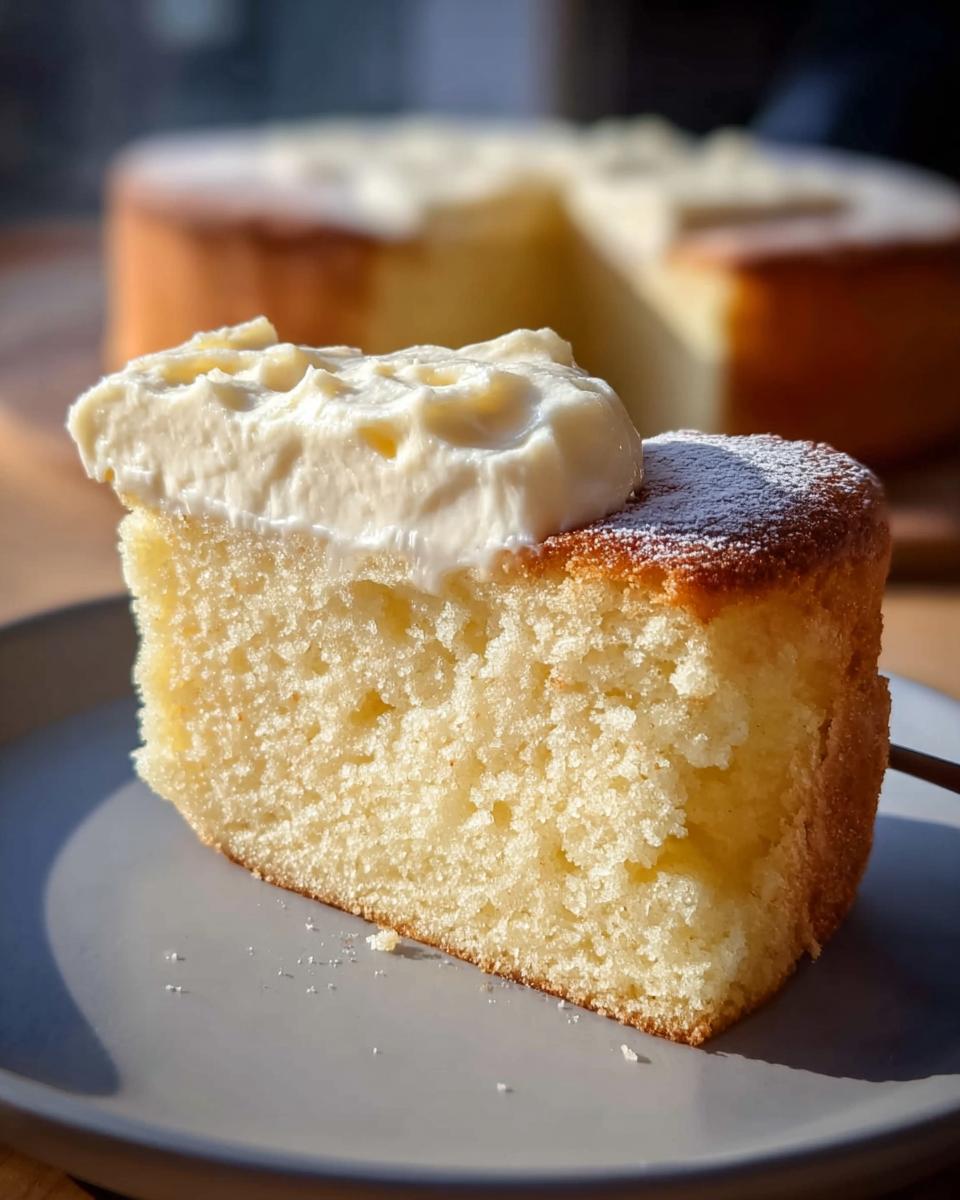 A slice of light yellow sponge cake topped with a dollop of white cream, part of the 15 Genius Cake Ideas Recipes Ideas for Busy Weeknights.