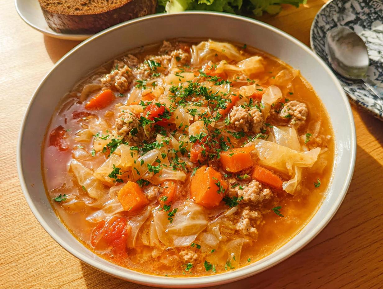 Bowl of hearty cabbage soup with ground meat and carrots, a perfect example of Simple Healthy Meals with Everyday Ingredients.