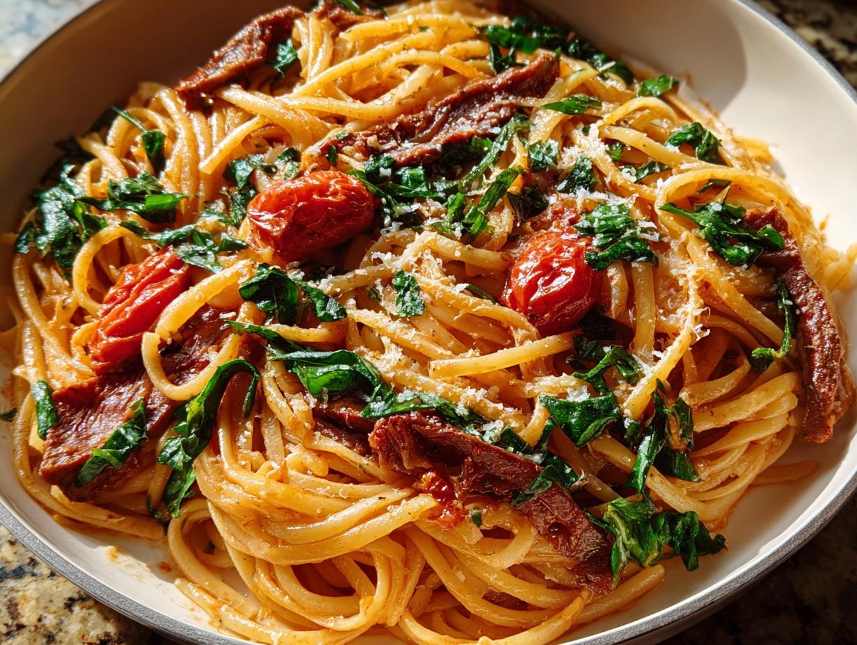 Close-up of linguine pasta tossed with sun-dried tomatoes, spinach, and grated cheese, part of 12-Ingredient Pasta Recipes.