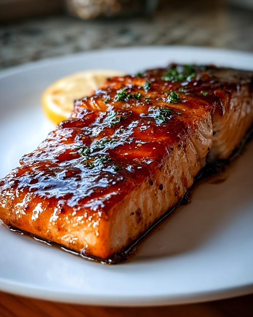 Close-up of a perfectly cooked, glazed salmon fillet garnished with parsley, part of our Simple Texas Roadhouse Salmon Recipe.