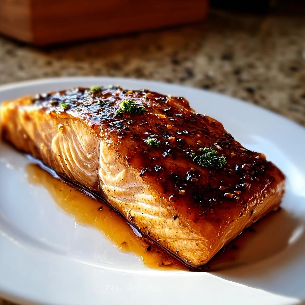 A perfectly cooked fillet of Simple Texas Roadhouse Salmon Recipe with a rich, dark glaze and parsley garnish.