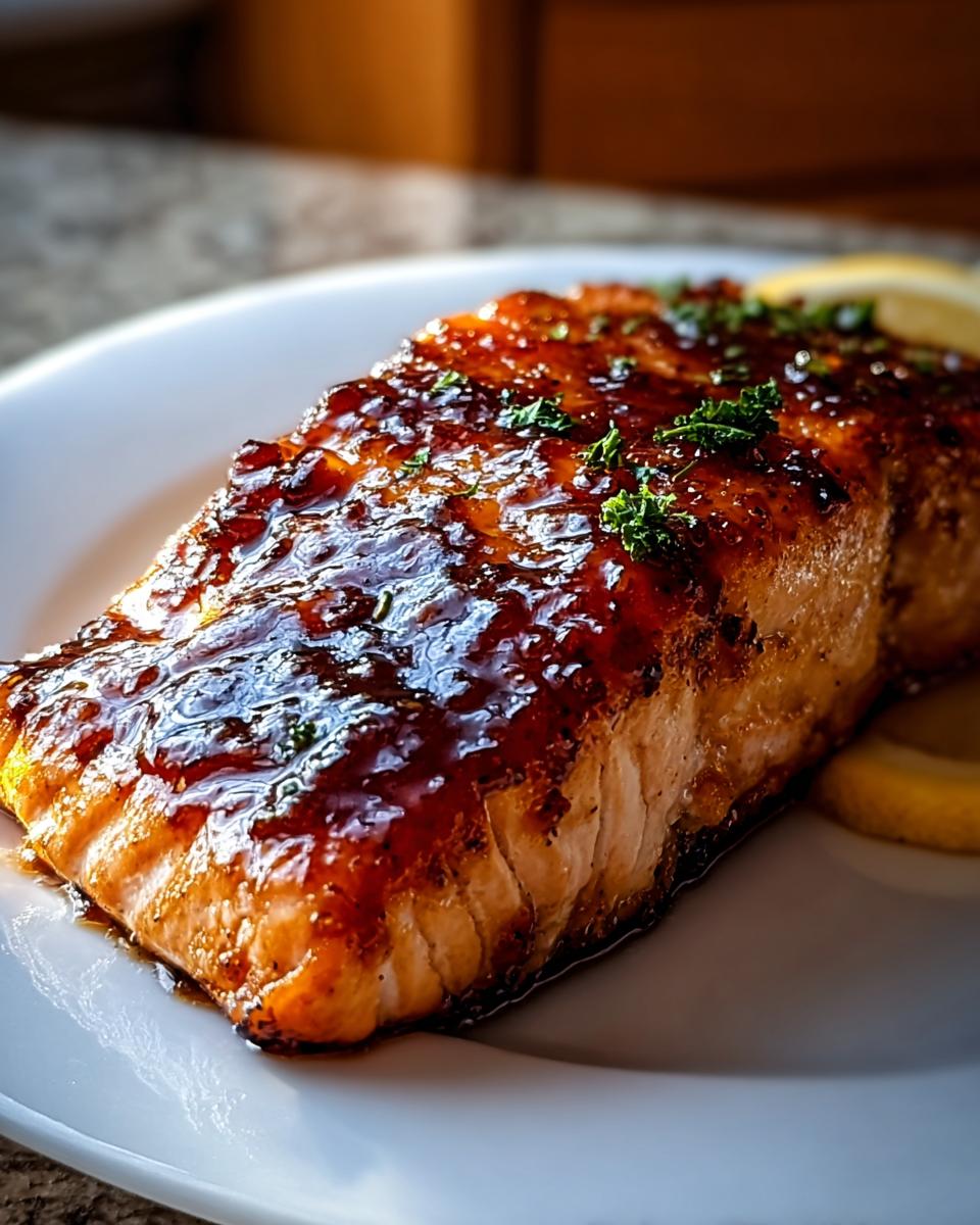 Close-up of a perfectly cooked fillet of Simple Texas Roadhouse Salmon Recipe with a dark, shiny glaze and parsley.