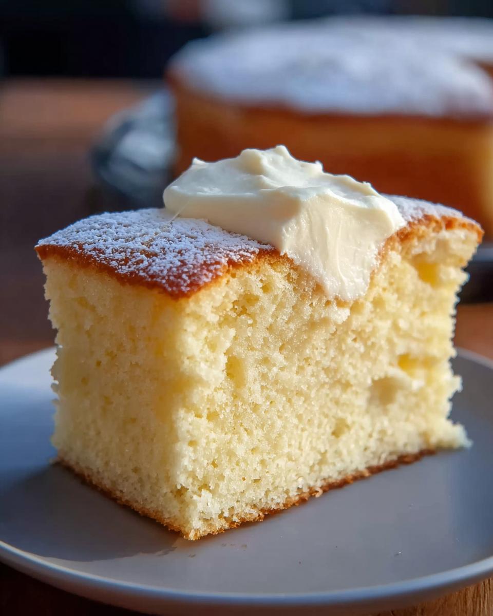 A square slice of light, fluffy vanilla cake dusted with powdered sugar and topped with cream, perfect for busy weeknights.