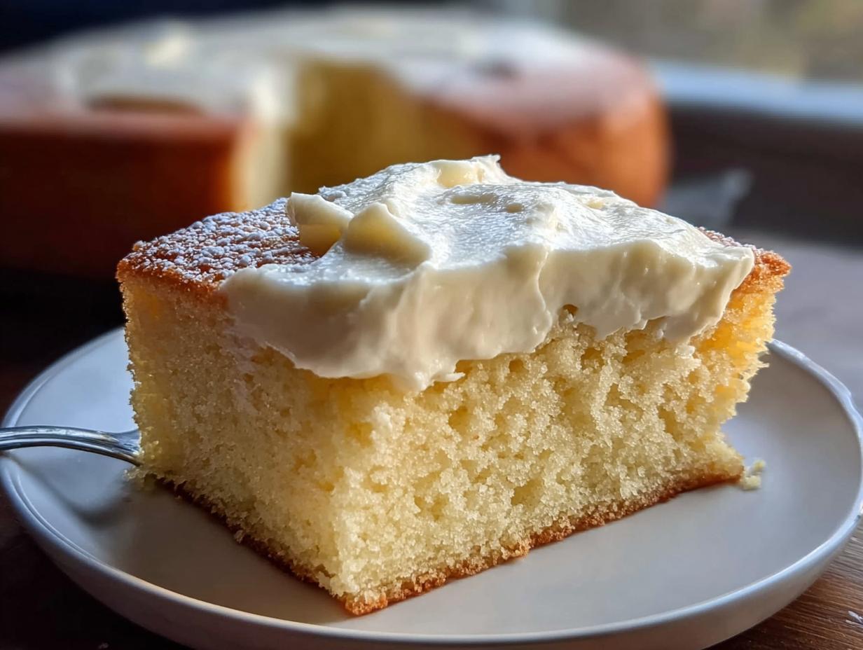 A close-up of a moist slice of vanilla cake with thick white frosting, one of the 15 Genius Cake Ideas.