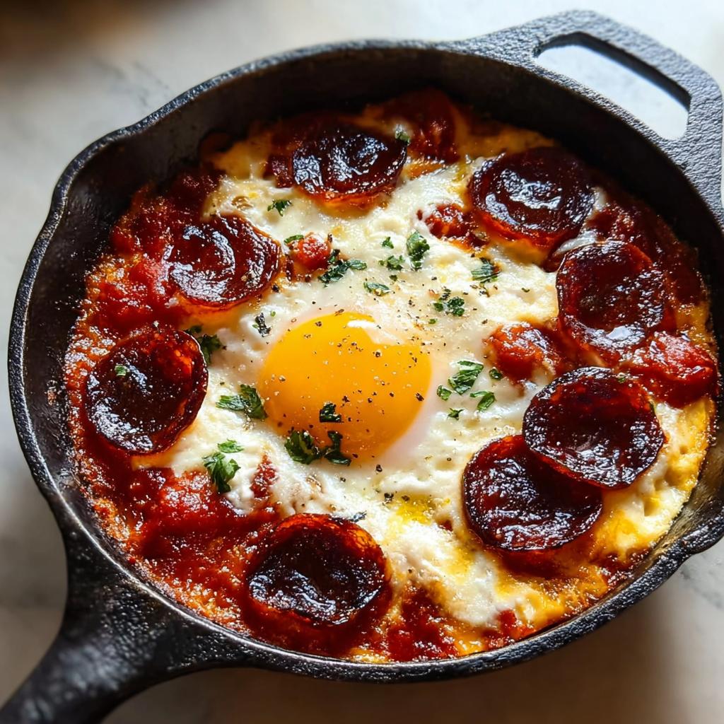 A single serving of baked egg in tomato sauce with pepperoni and cheese in a cast iron skillet, a great breakfast idea.