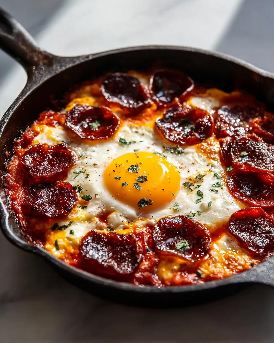 A single baked egg with a bright yolk, surrounded by crispy pepperoni slices in a cast iron skillet, perfect for breakfast ideas.
